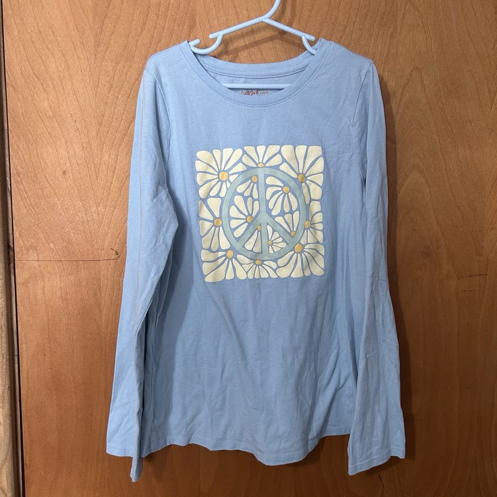 Cat & Jack Girls Blue Cotton Blend Peace Sign Long Sleeve Tee 10-12‎
